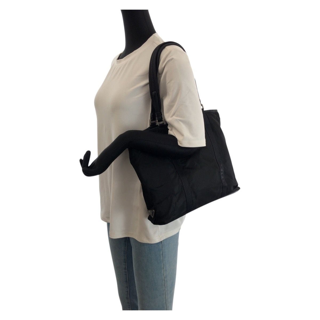 Prada Tessuto Black Silver Nylon Leather Tote Shoulder Bag — view 7