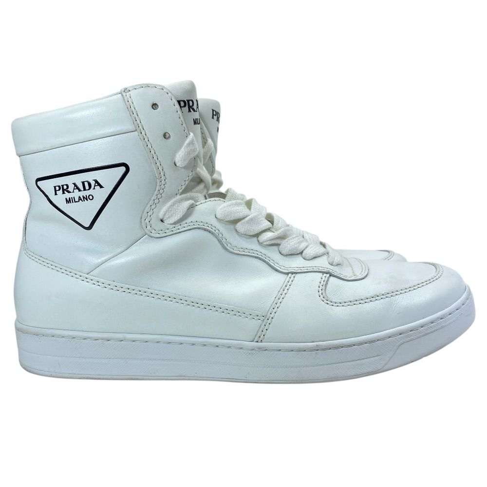 Prada High Cut Sneakers Lace Up Shoes Leather White Triangle Logo Sophistication — view 5