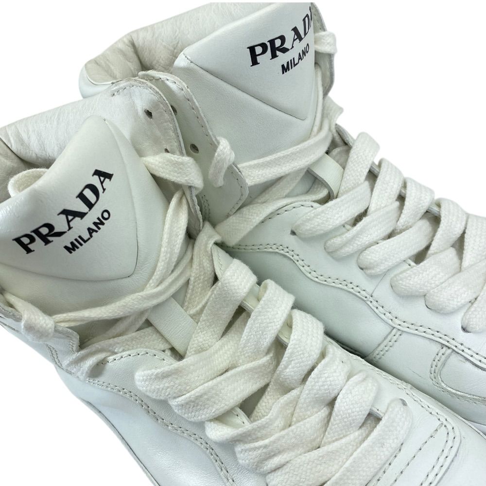 Prada High Cut Sneakers Lace Up Shoes Leather White Triangle Logo Sophistication — view 7