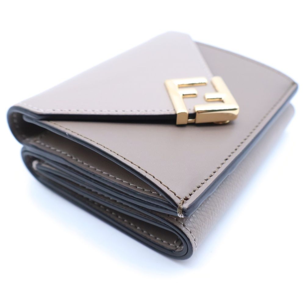 Fendi FF Diamond Compact Wallet Trifold Coin Case Beige Leather Gold — view 5