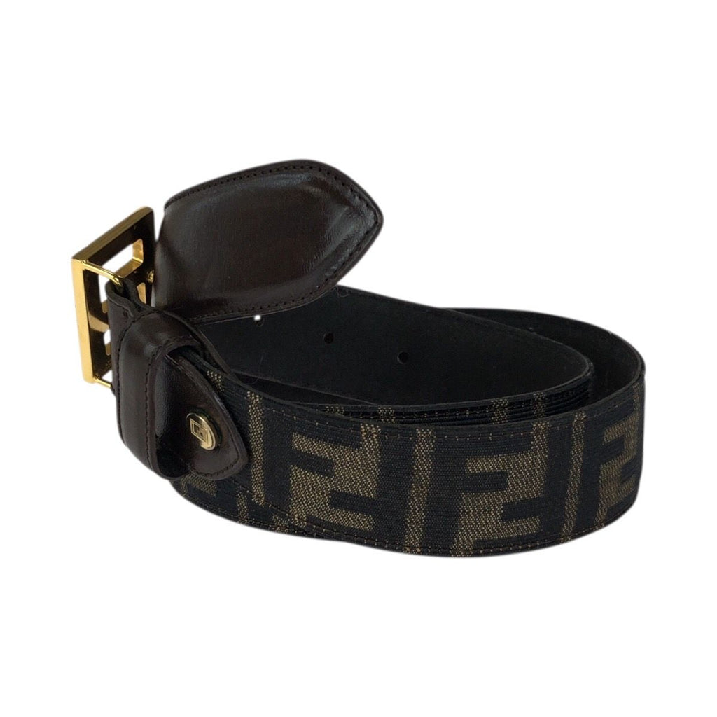 Fendi Zucca FF Logo Dark Brown Gold Canvas Leather Belt — view 2