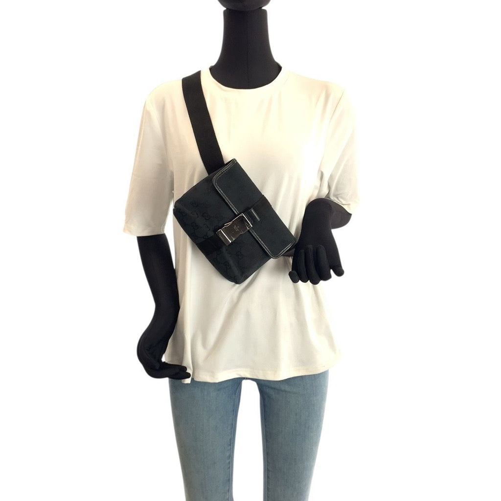 Gucci Black Silver GG Canvas Leather Belt Bag Waist Pouch — view 6