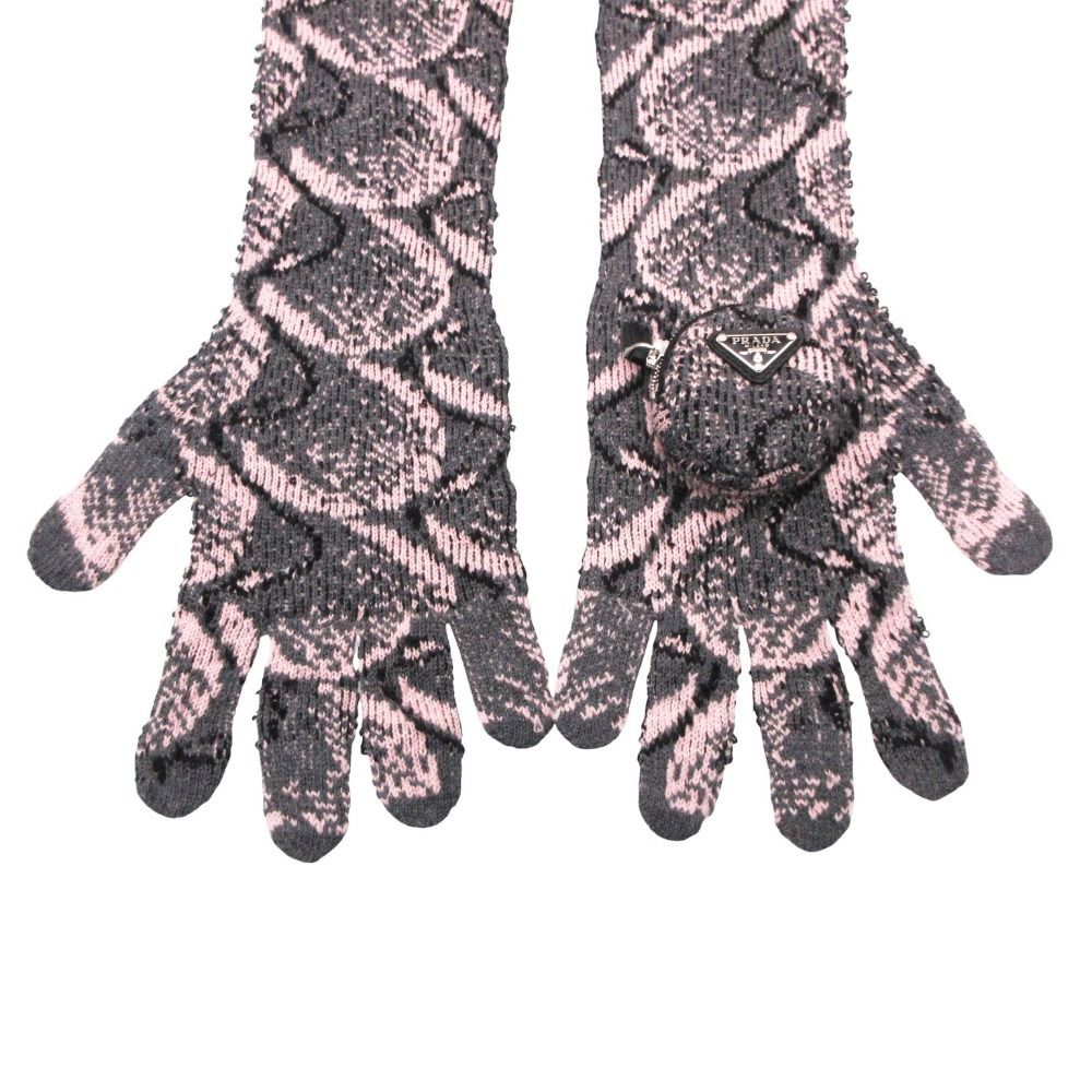 Prada Long Knit Gloves Gray Light Pink Pouch — view 3