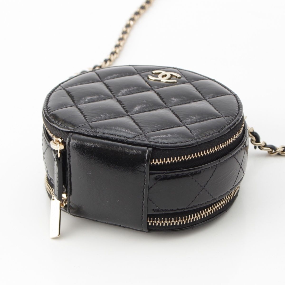 Chanel Shiny Lambskin Round Chain CC Logo Vanity Shoulder Bag Black — view 5