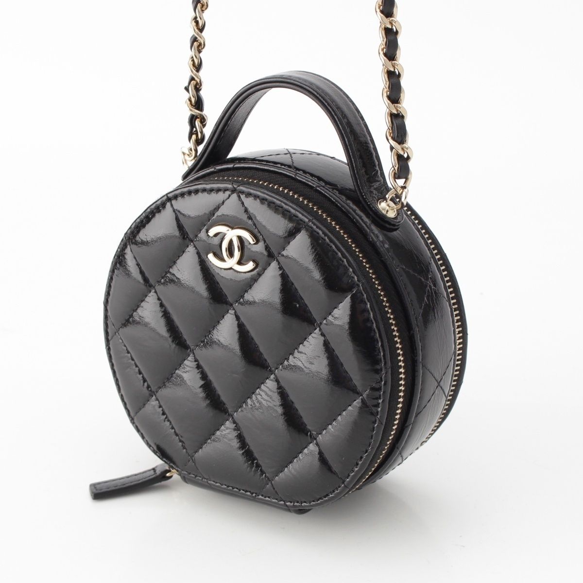 Chanel Shiny Lambskin Round Chain CC Logo Vanity Shoulder Bag Black — view 2