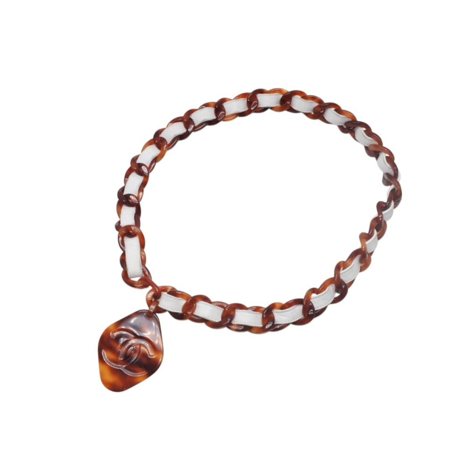 Chanel Plastic Leather Chain Belt 84.5 CC Logo Tortoiseshell Pattern White Brown — view 4