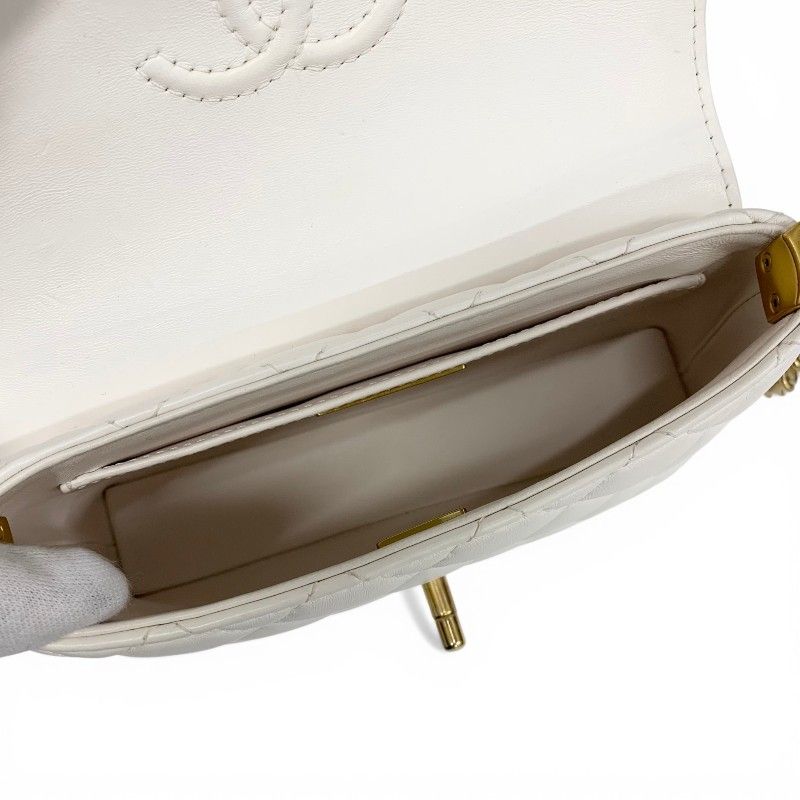 Chanel Shoulder Bag White Gold Quilted Small Flap Top Handle Turnlock CC Logo — view 7