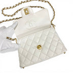 Chanel Shoulder Bag White Gold Quilted Small Flap Top Handle Turnlock CC Logo — view 6