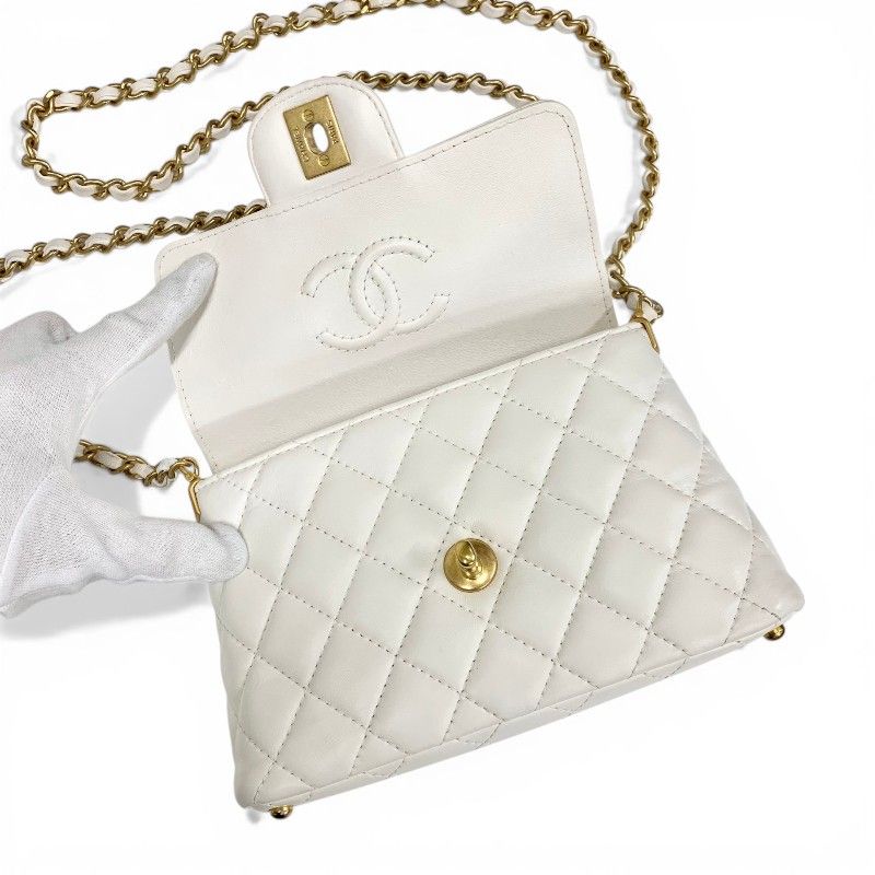 Chanel Shoulder Bag White Gold Quilted Small Flap Top Handle Turnlock CC Logo — view 6