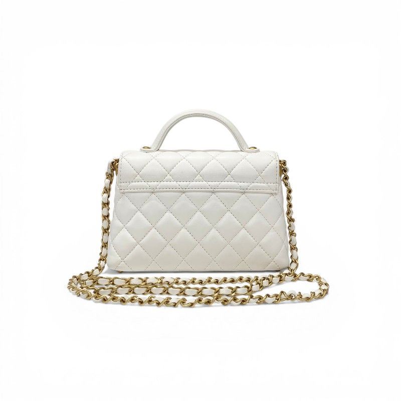 Chanel Shoulder Bag White Gold Quilted Small Flap Top Handle Turnlock CC Logo — view 3