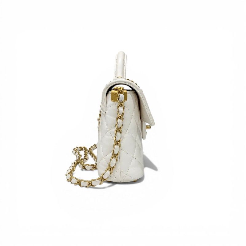 Chanel Shoulder Bag White Gold Quilted Small Flap Top Handle Turnlock CC Logo — view 2