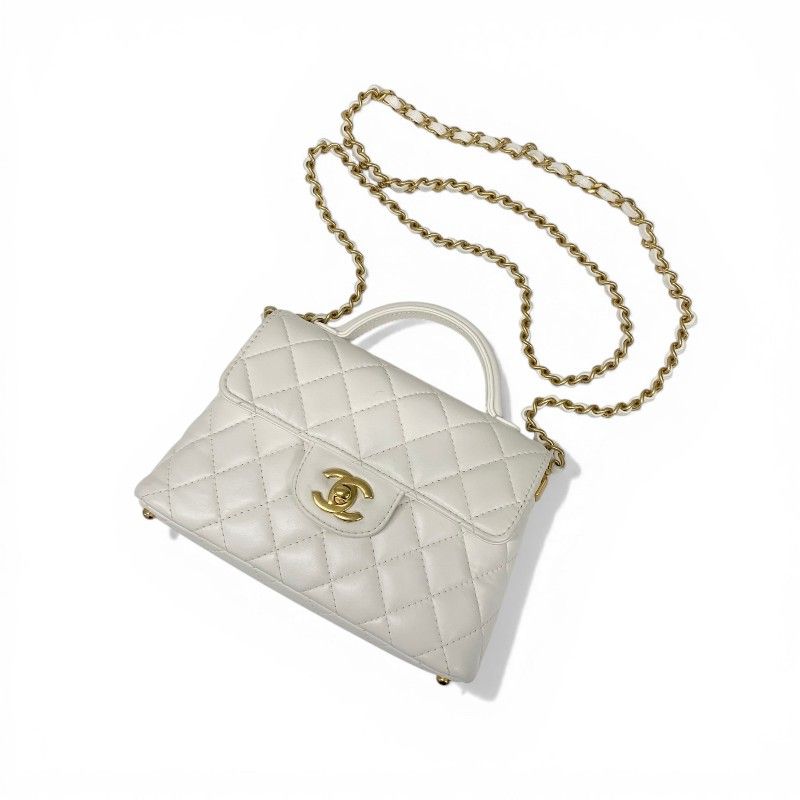 Chanel Shoulder Bag White Gold Quilted Small Flap Top Handle Turnlock CC Logo — view 5