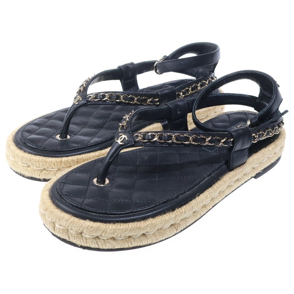 Chanel CC Logo Quilted Lambskin Leather Strap Flat Sandals Black — view 2