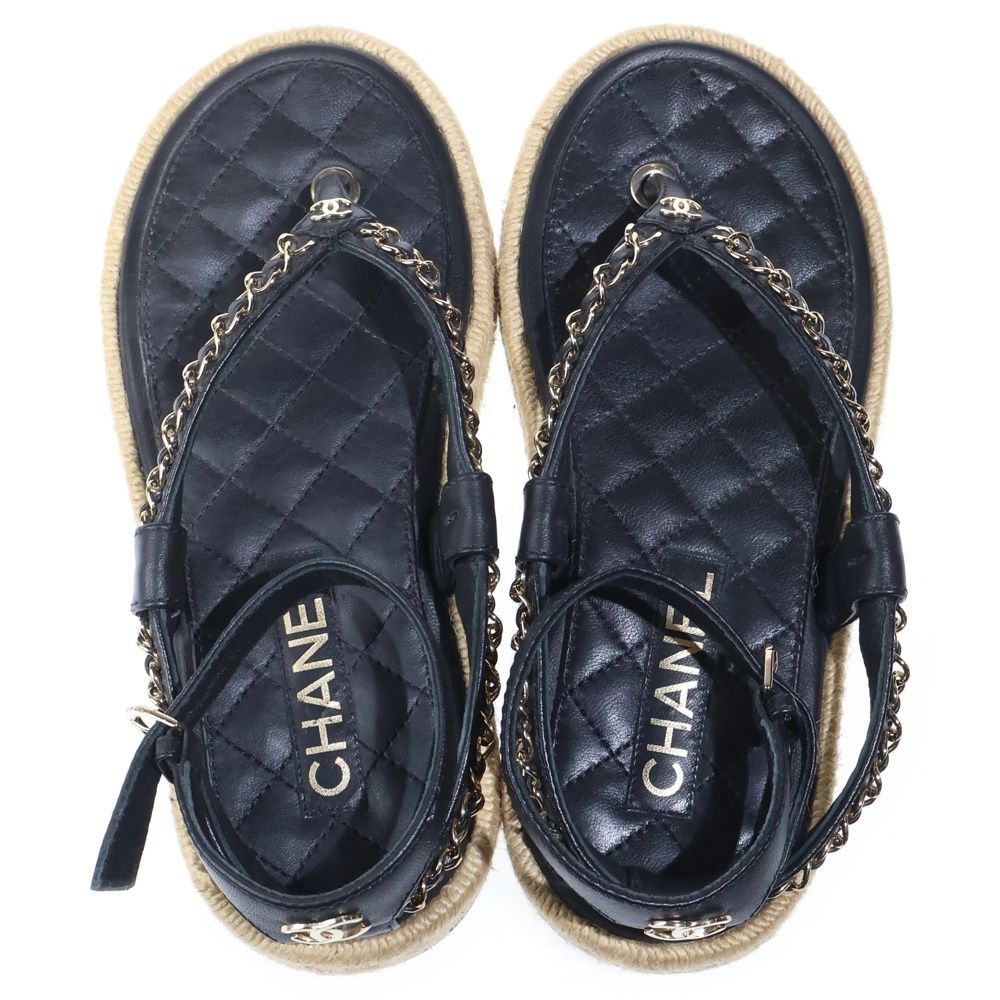 Chanel CC Logo Quilted Lambskin Leather Strap Flat Sandals Black — view 4