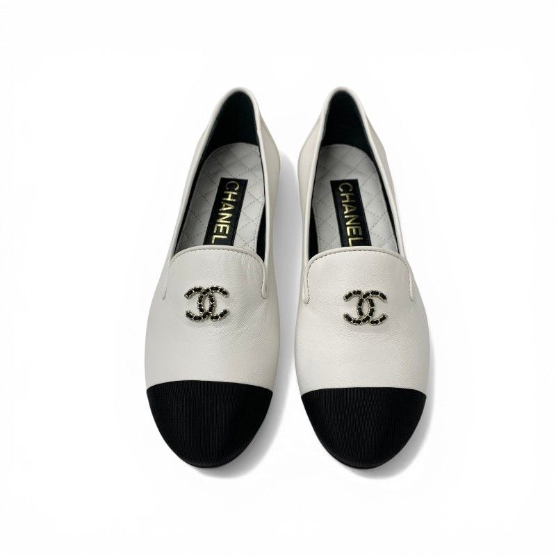 Chanel Loafers Leather Shoes White Black CC Logo Bicolor Flat — view 2