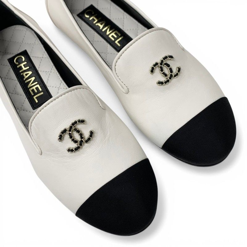 Chanel Loafers Leather Shoes White Black CC Logo Bicolor Flat — view 9
