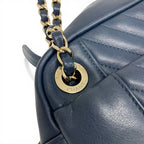 Chanel Shoulder Bag Navy Gold CC Logo Chevron Stitch Double Chain — view 9