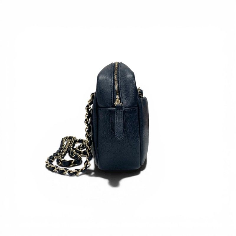 Chanel Shoulder Bag Navy Gold CC Logo Chevron Stitch Double Chain — view 2