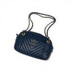 Chanel Shoulder Bag Navy Gold CC Logo Chevron Stitch Double Chain — view 5