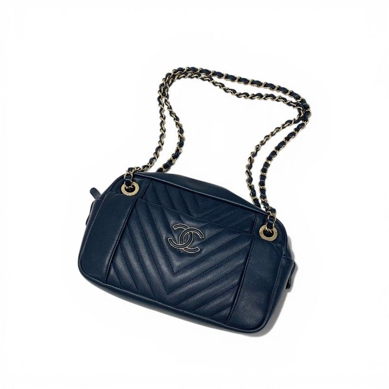 Chanel Shoulder Bag Navy Gold CC Logo Chevron Stitch Double Chain — view 5
