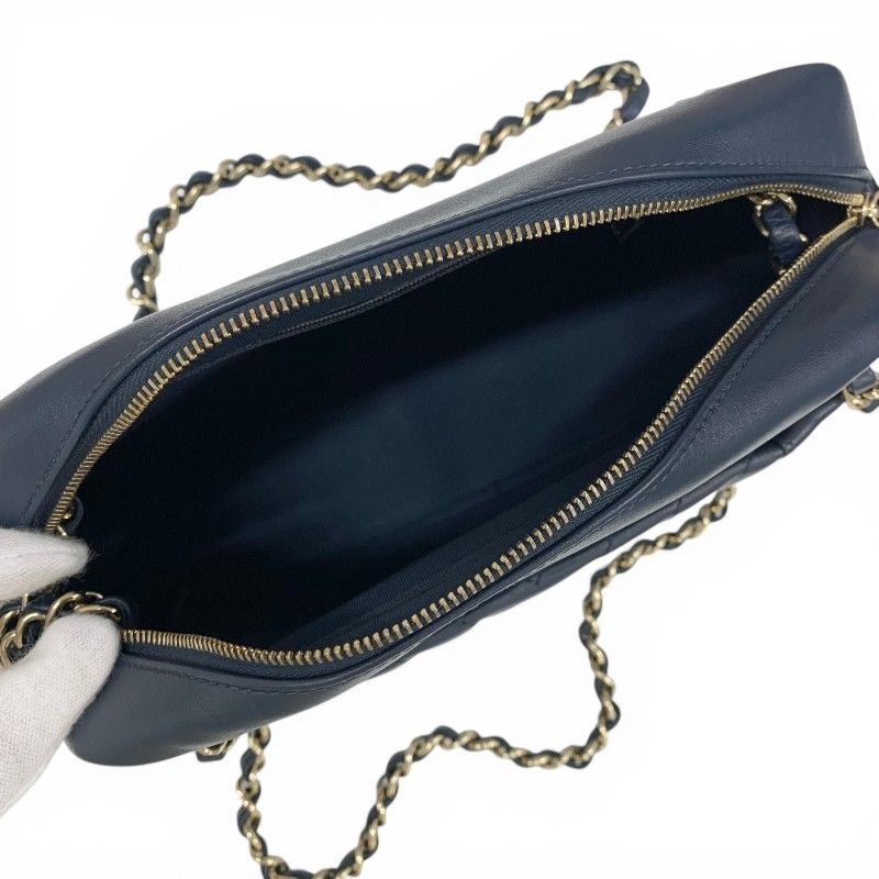 Chanel Shoulder Bag Navy Gold CC Logo Chevron Stitch Double Chain — view 6