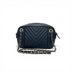 Chanel Shoulder Bag Navy Gold CC Logo Chevron Stitch Double Chain — view 3