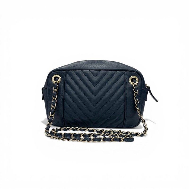 Chanel Shoulder Bag Navy Gold CC Logo Chevron Stitch Double Chain — view 3