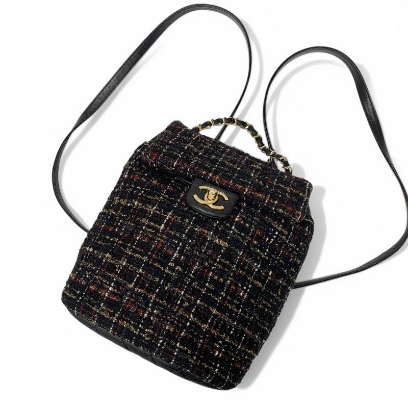 Chanel Backpack Tweed Lambskin Black Gold Quilted CC Logo Turnlock Chain — view 5