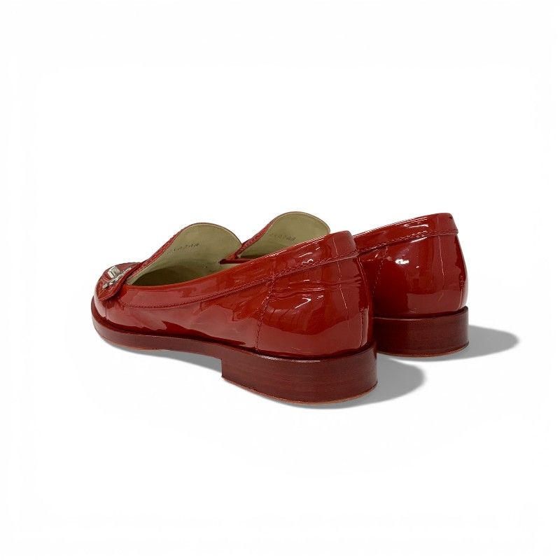 Chanel Loafers Leather Shoes Patent Red Silver CC Logo Turnlock — view 4