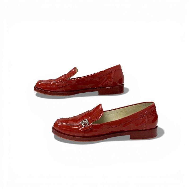 Chanel Loafers Leather Shoes Patent Red Silver CC Logo Turnlock — view 3