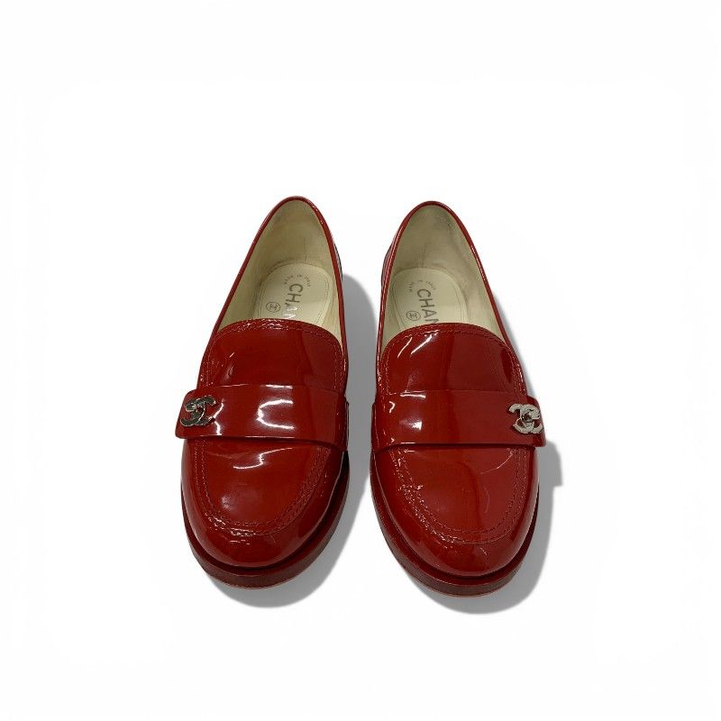 Chanel Loafers Leather Shoes Patent Red Silver CC Logo Turnlock — view 2