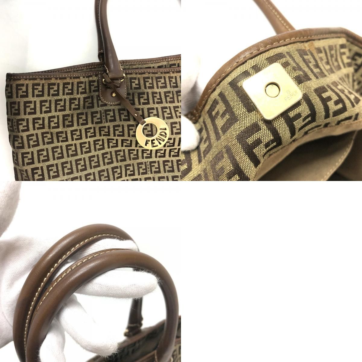 Fendi Shoulder Bag Zucchino Canvas Leather Beige — view 9