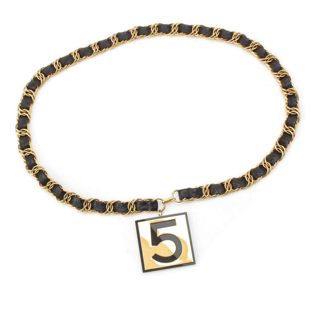Chanel Leather Gold Plated No.5 Number Five Big Plate Chain Belt Black — view 2