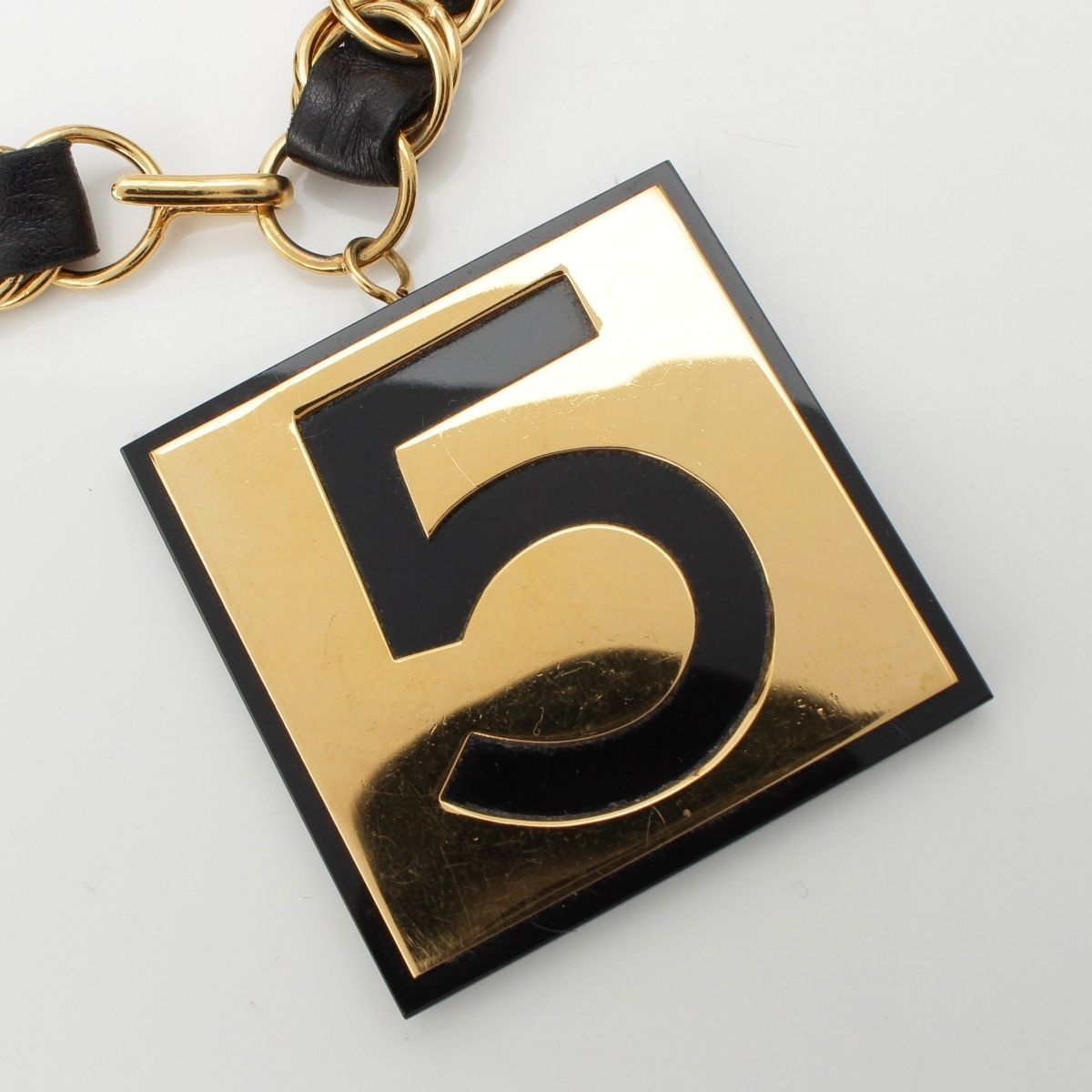 Chanel Leather Gold Plated No.5 Number Five Big Plate Chain Belt Black — view 4