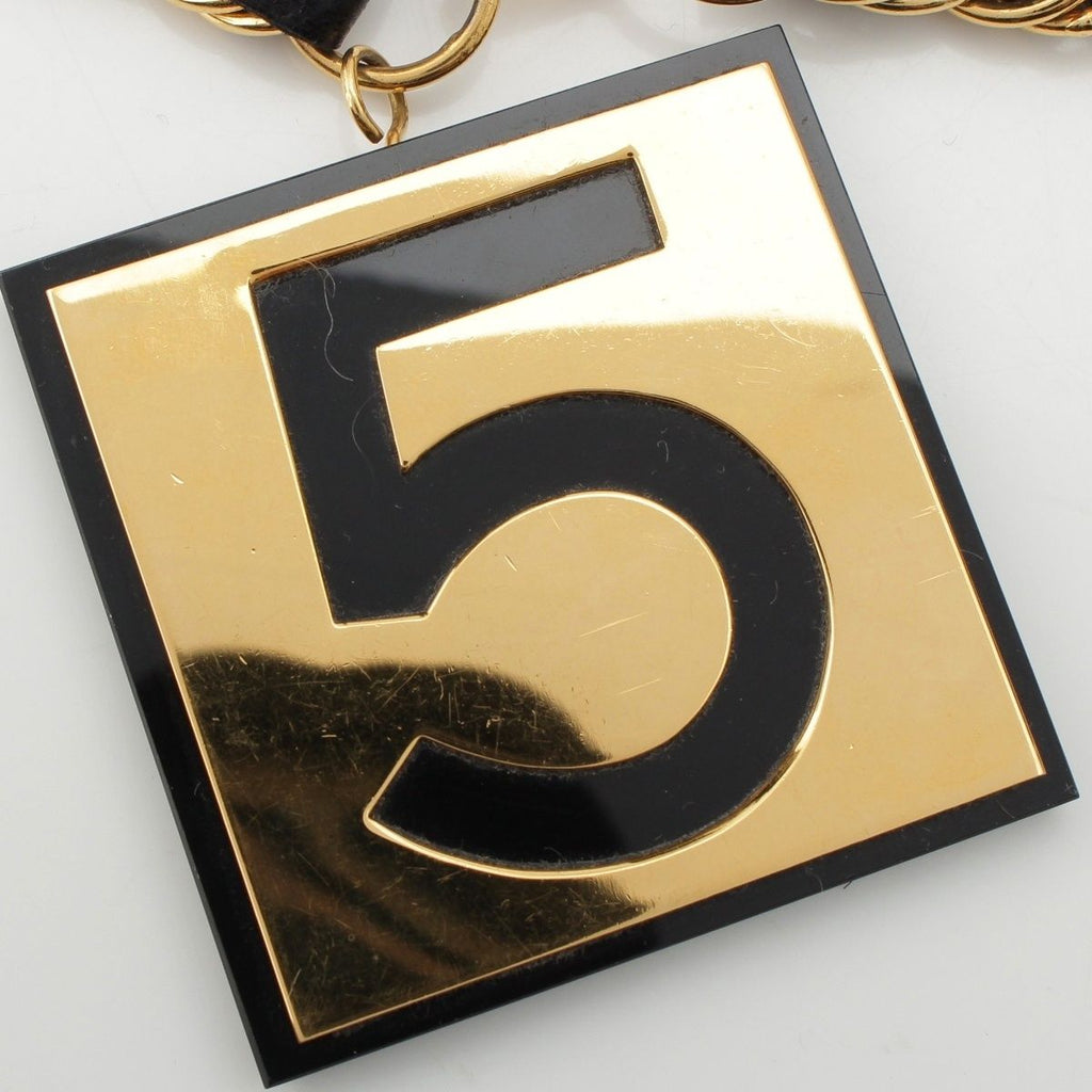 Chanel Leather Gold Plated No.5 Number Five Big Plate Chain Belt Black — view 3