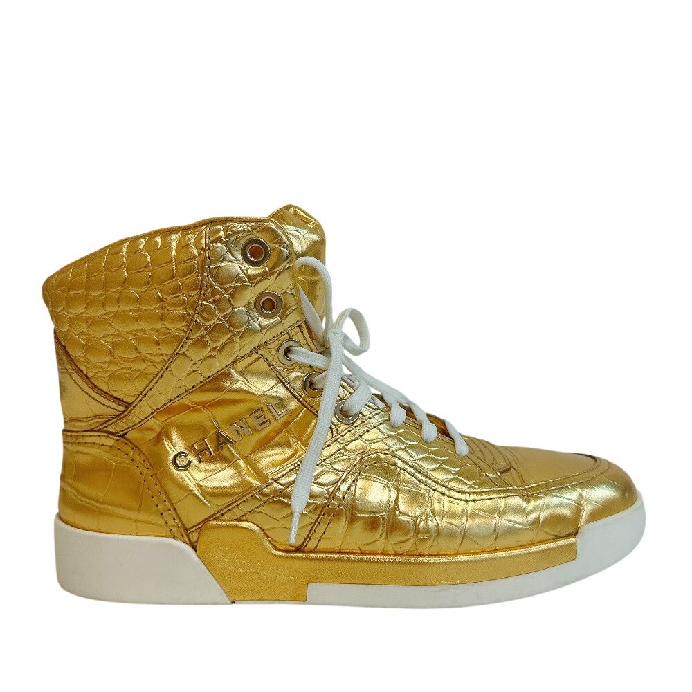 Chanel High Cut Sneakers Croco Embossed Leather Gold — view 2