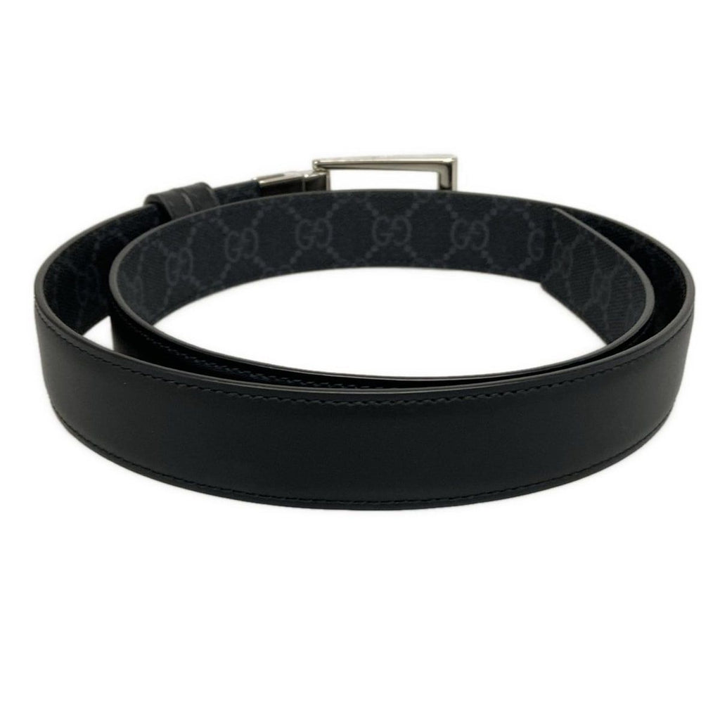 Gucci Belt GG Supreme Black Gray Silver Reversible Square Buckle Leather — view 2