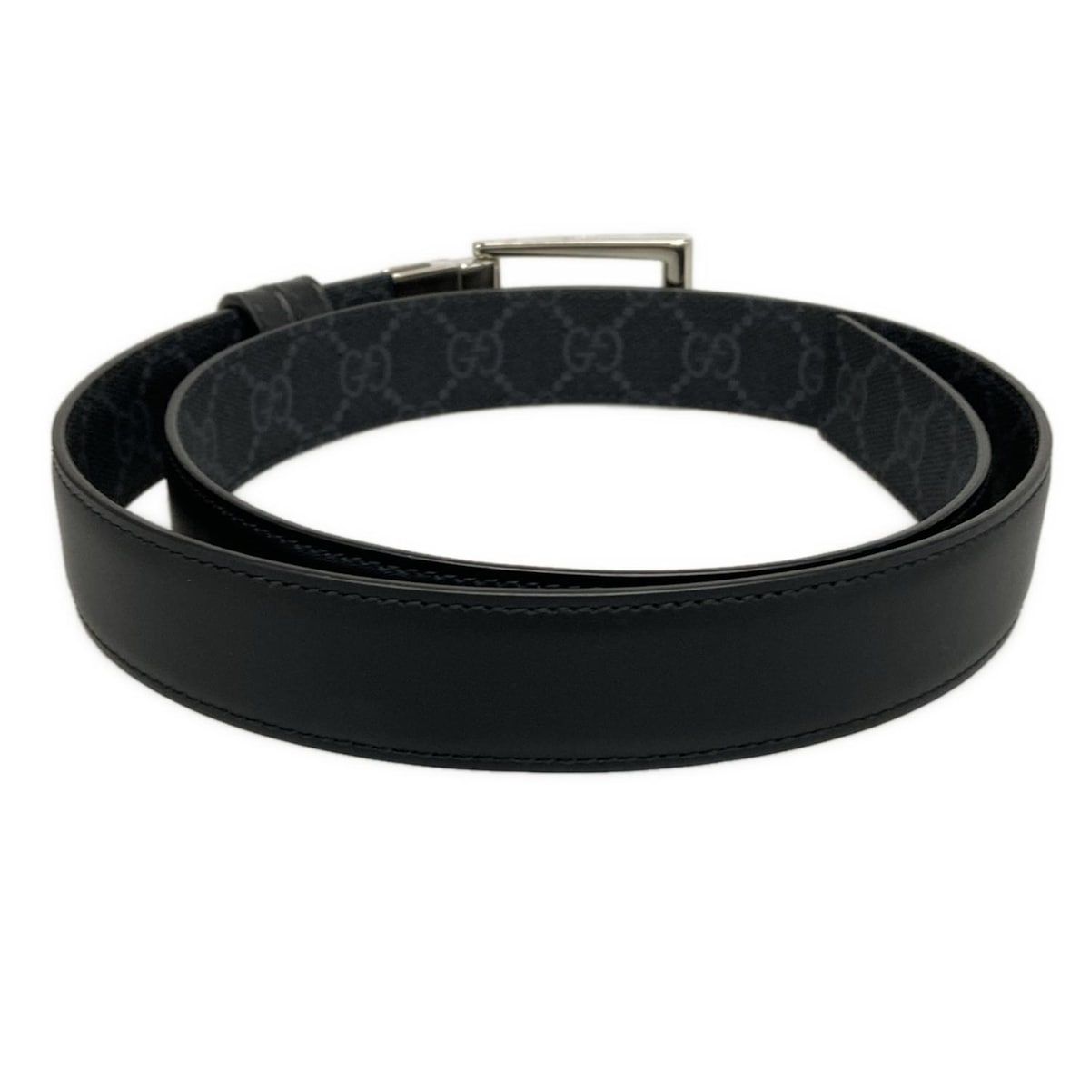 Gucci Belt GG Supreme Black Gray Silver Reversible Square Buckle Leather — view 2