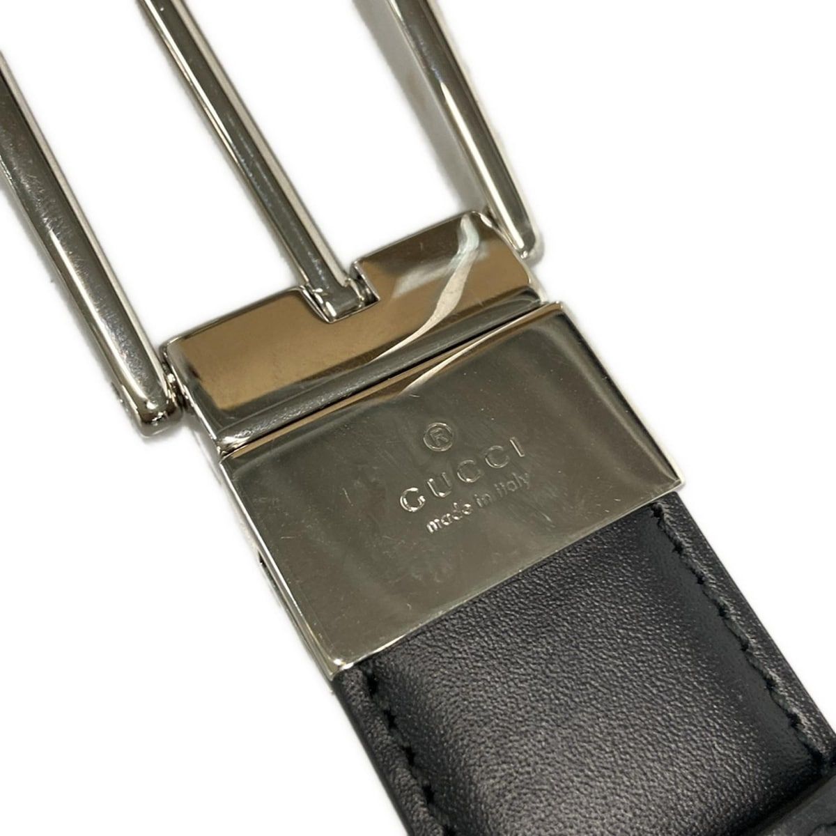 Gucci Belt GG Supreme Black Gray Silver Reversible Square Buckle Leather — view 5