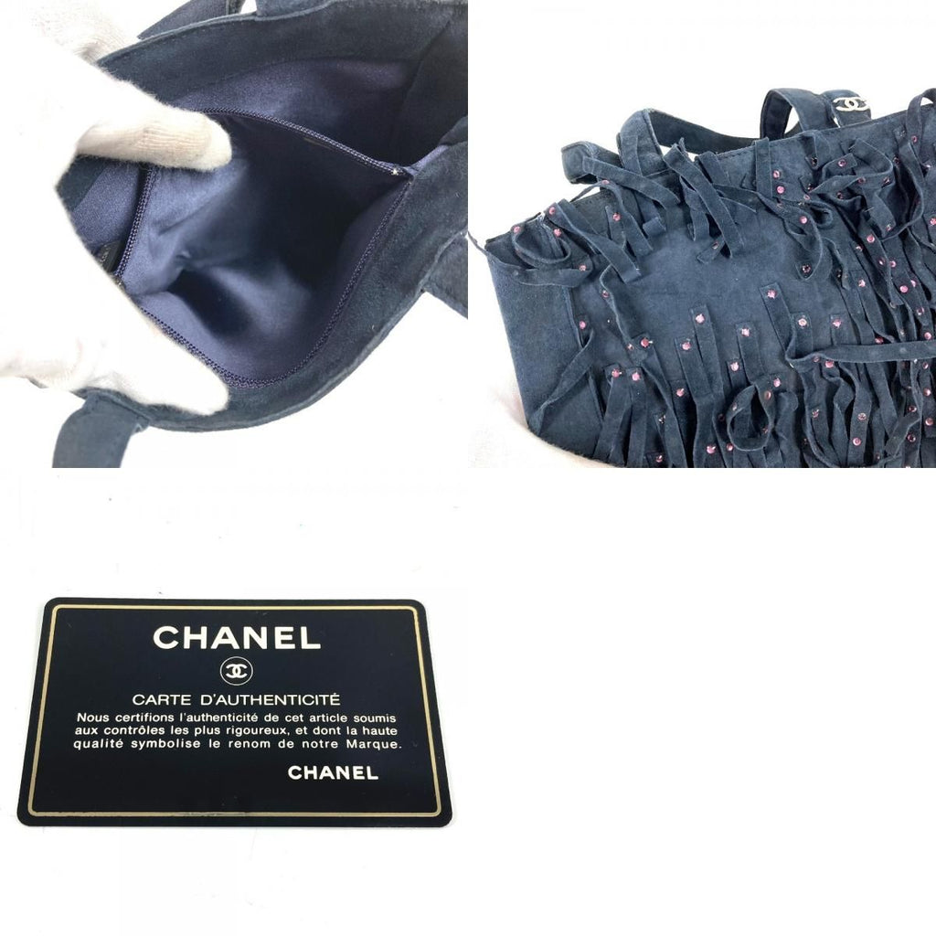 Chanel Handbag Fringe Tassel CC Logo Rhinestone Nubuck Navy — view 9