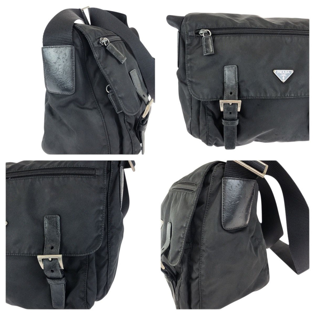 Prada Tessuto Black Silver Nylon Leather Shoulder Bag — view 5