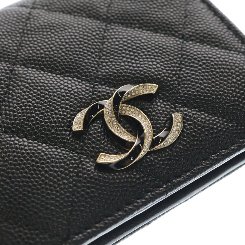 Chanel Quilted Bifold Wallet Card Case Compact Black Caviar Leather Gold — view 4