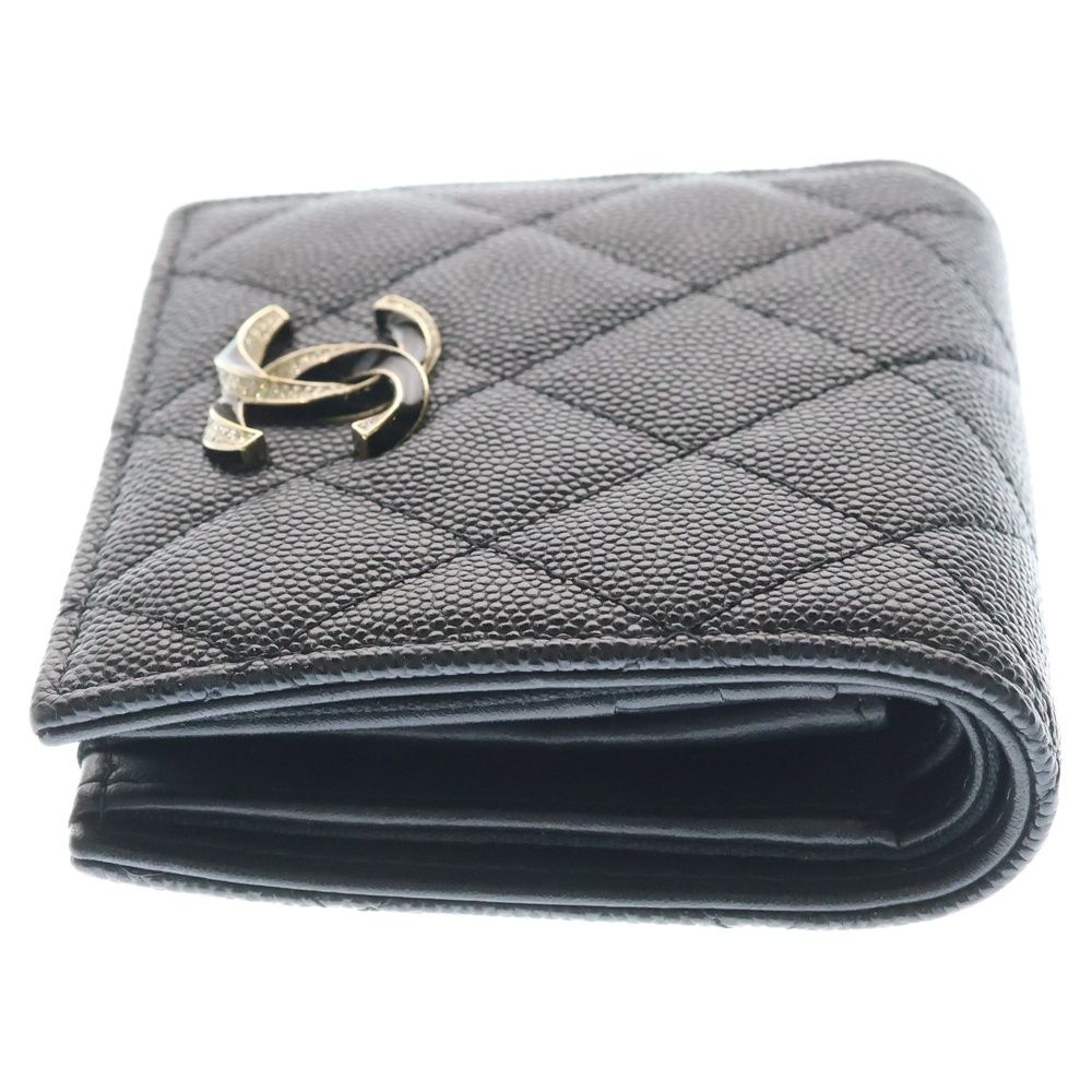Chanel Quilted Bifold Wallet Card Case Compact Black Caviar Leather Gold — view 3