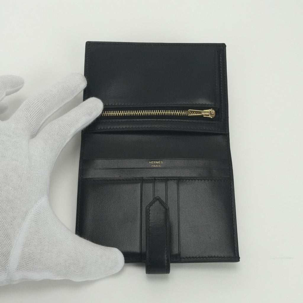 Hermes Bearn Compact Wallet Bifold Mini Box Calf Noir Black Gold — view 5