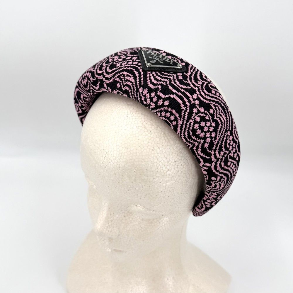 Prada Hair Headband Triangle Logo Canvas Black Pink Silver — view 3