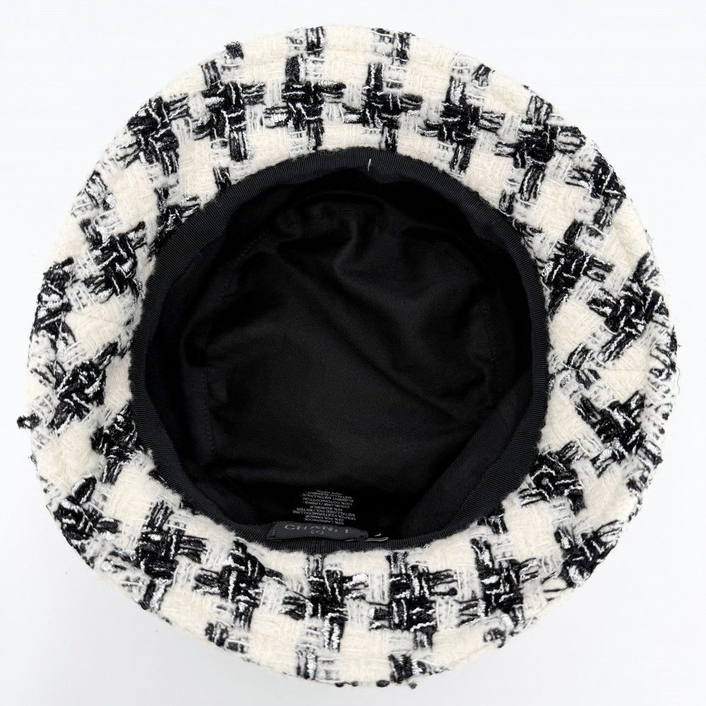 Chanel Hat Tweed Bucket Hat CC Logo M Wool Polyamide Black Ivory — view 3