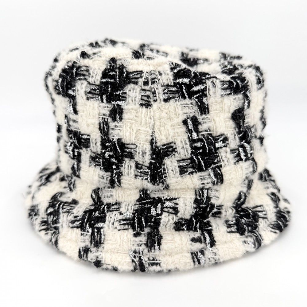 Chanel Hat Tweed Bucket Hat CC Logo M Wool Polyamide Black Ivory — view 4