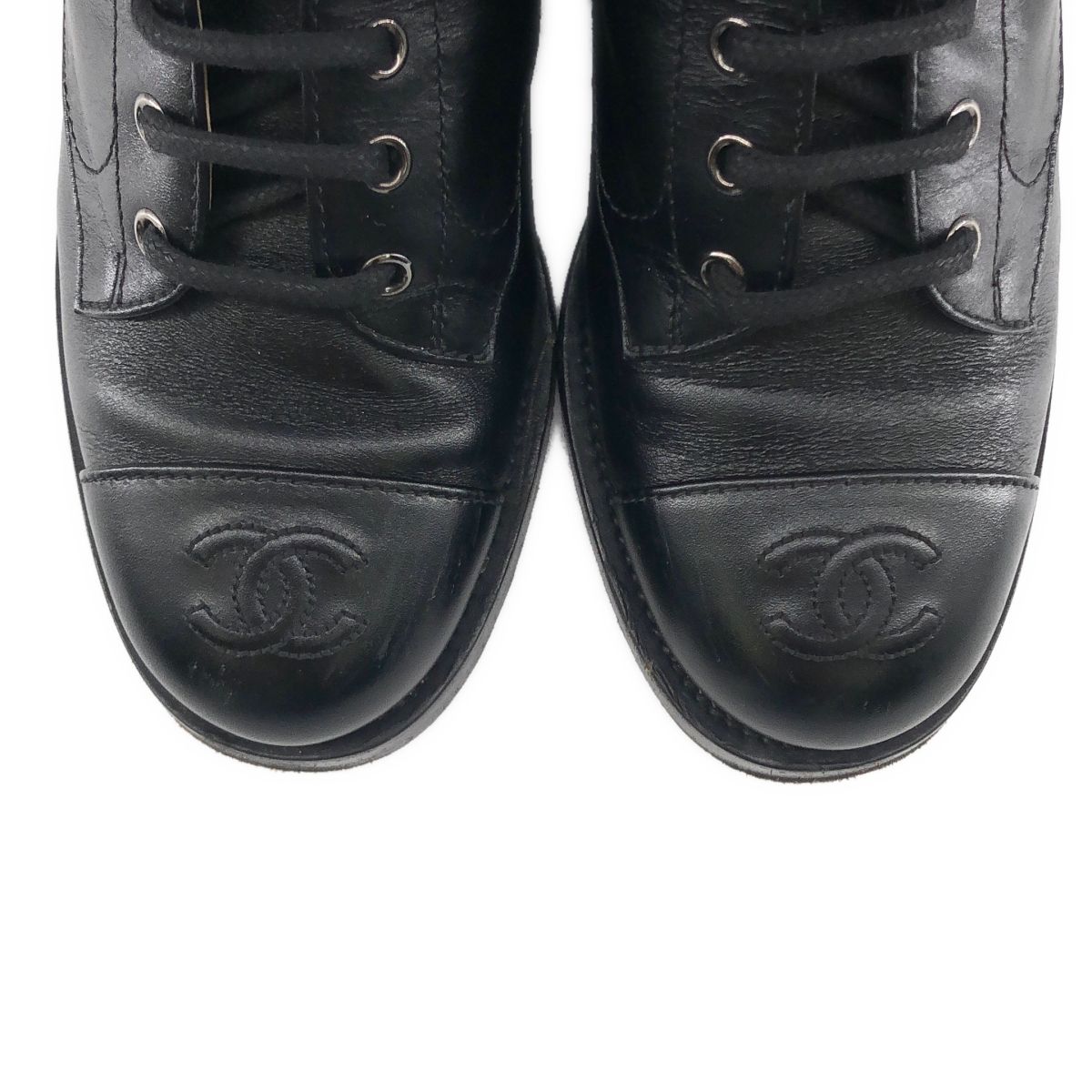 Chanel CC Logo Side Zip Lace Up Boots 36.5 Black — view 9