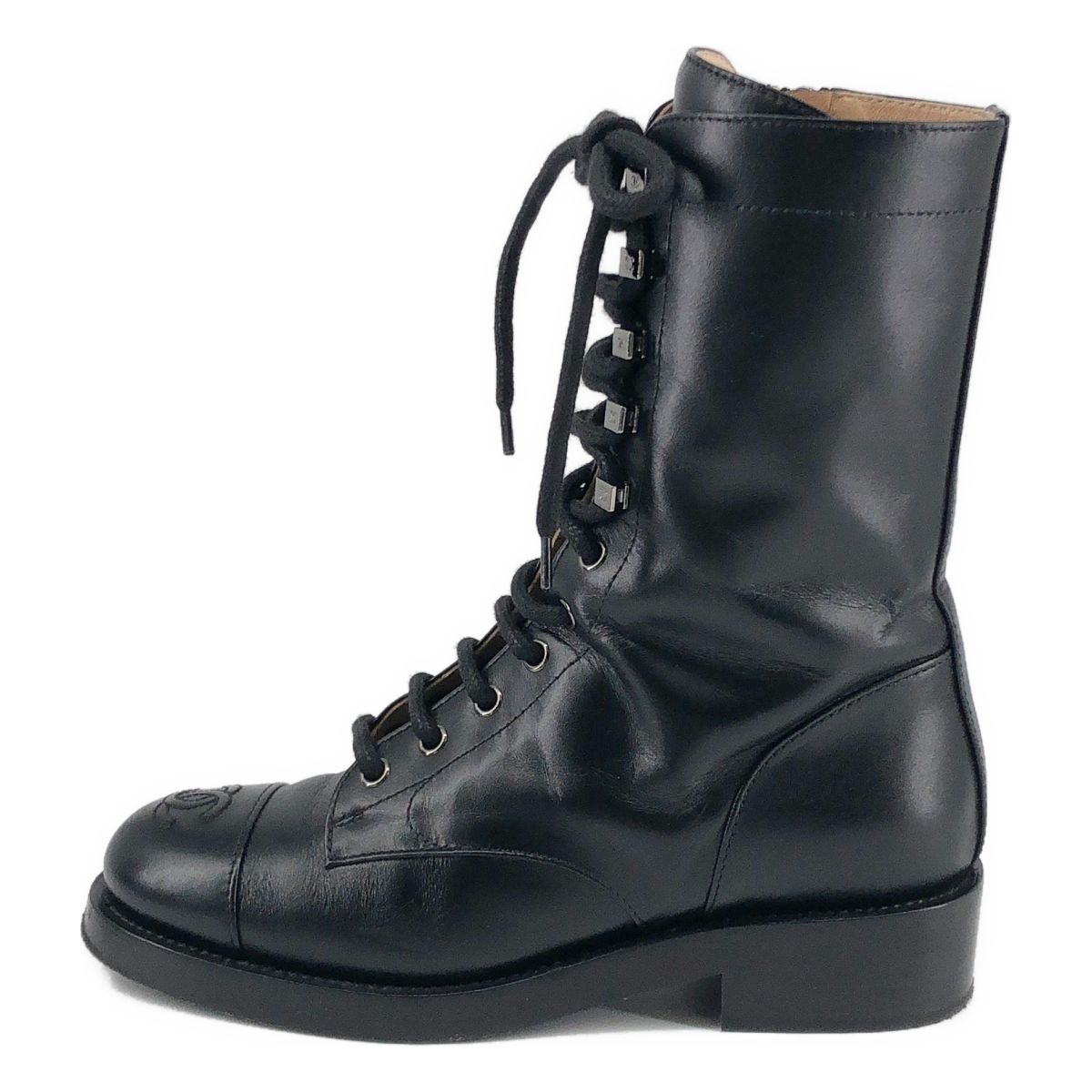 Chanel CC Logo Side Zip Lace Up Boots 36.5 Black — view 2