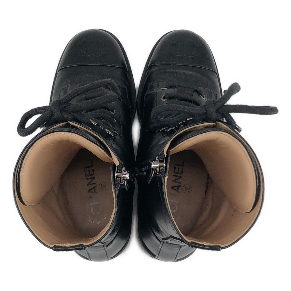 Chanel CC Logo Side Zip Lace Up Boots 36.5 Black — view 4